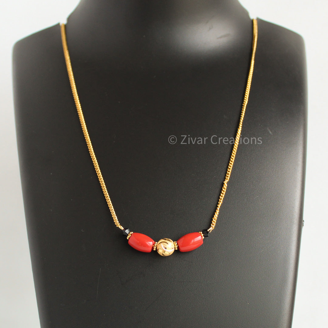 Coral Colour Beads Gold Plated Mangalsutra