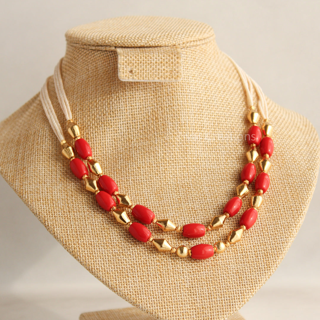 Coral Colour And Dholki Beads Necklace