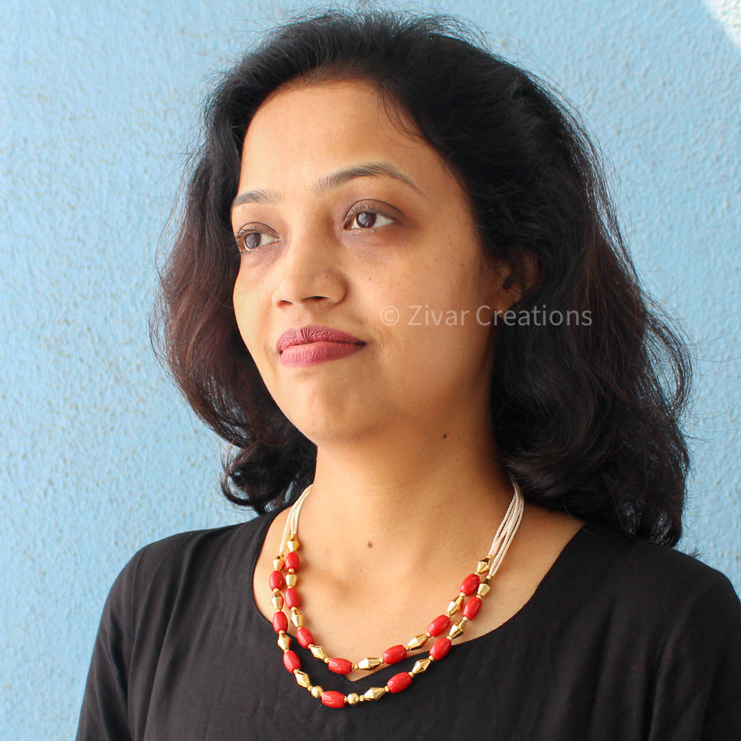 Coral Colour And Dholki Beads Necklace