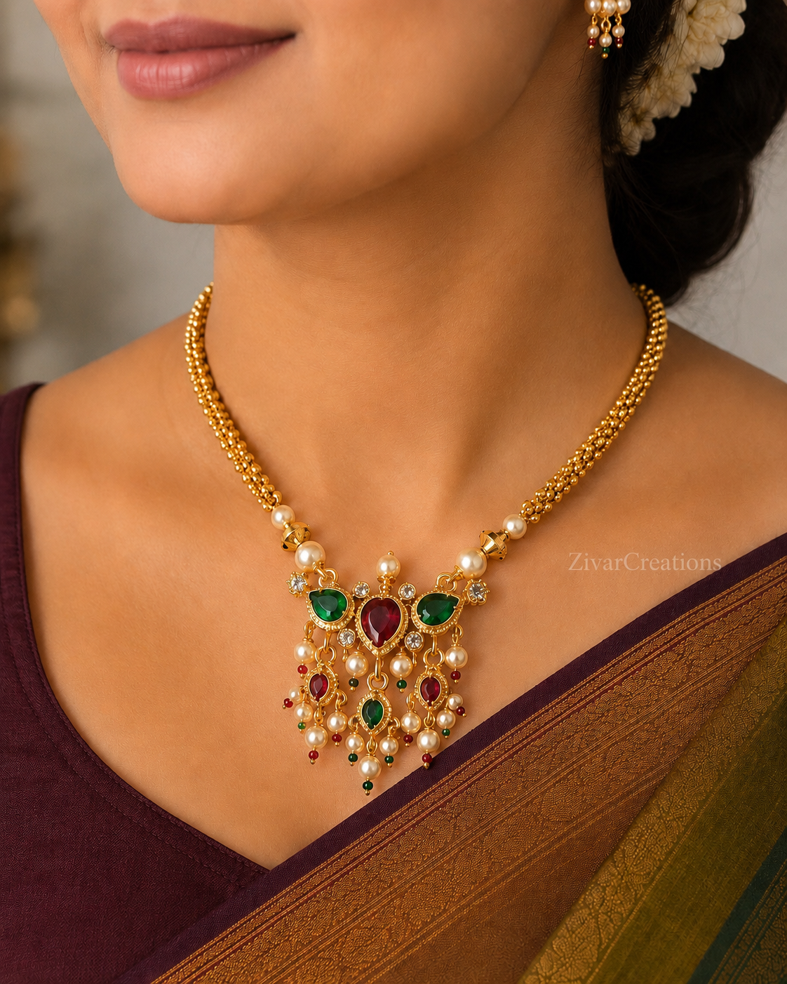 Red And Green Stone Gold Beads Thushi Tanmani Necklace