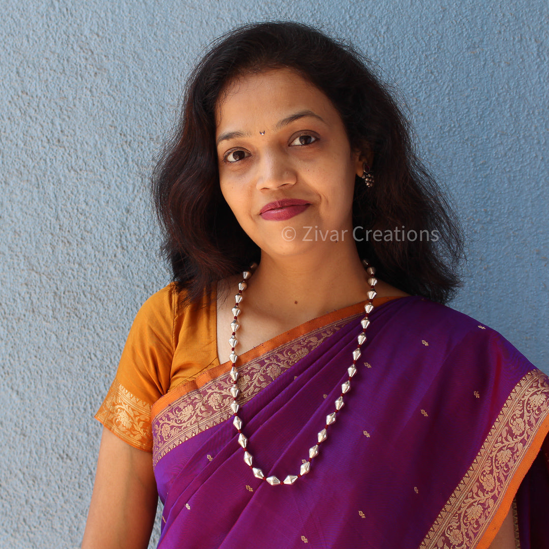 Silver Dholki Beads Single Line Necklace With Brown Thread