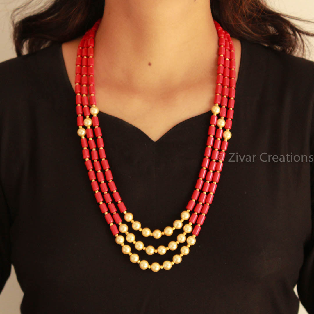 Long Coral Colour Beads And Pearl Necklace