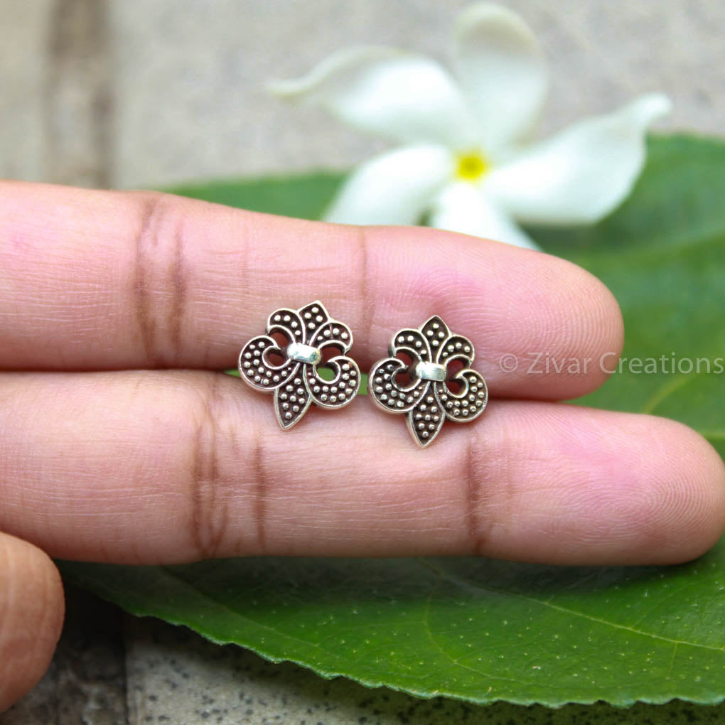 Pure Silver Handcrafted Ink Blue Stone Flower Stud