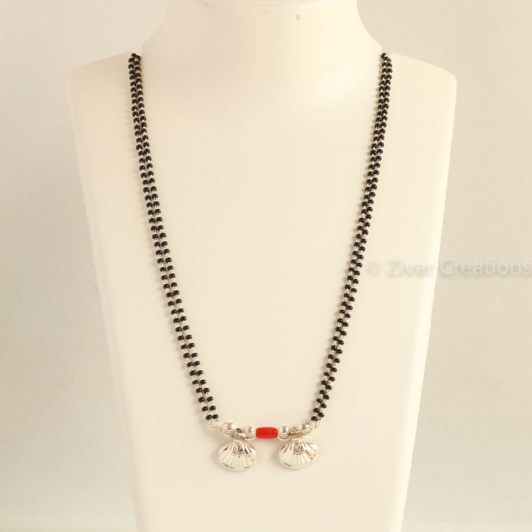 Two Vati Long Silver And Coral Bead Mangalsutra