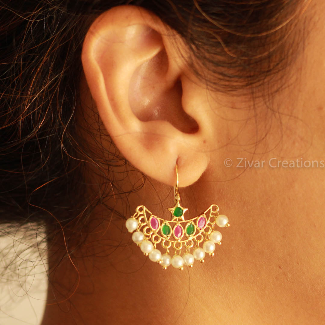 Chandbali Red and Green Pearl Earrings