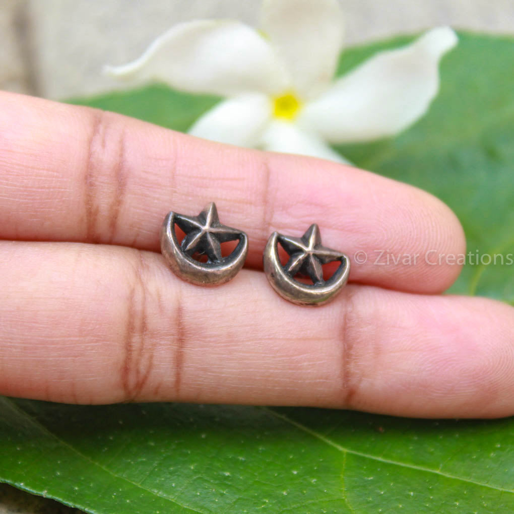 Pure Silver Handcrafted Designer Star And Moon Stone Stud