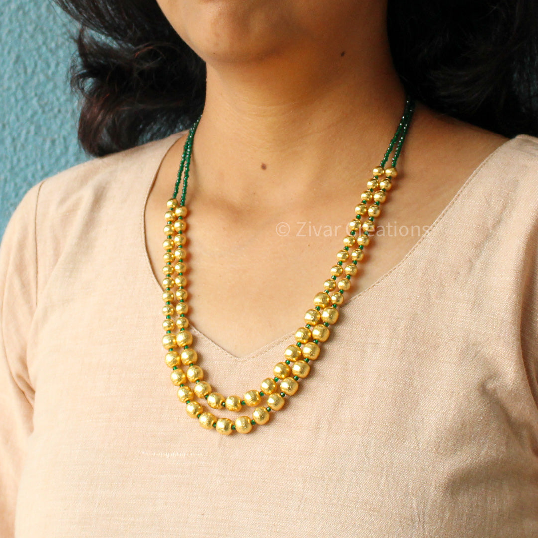 Two Line Designer Green Beads Necklace