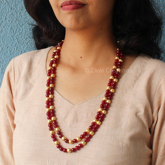 Red Cutting And Gold Beads Long Indian Necklace