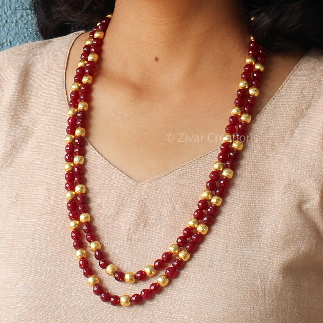 Red Cutting And Gold Beads Long Indian Necklace