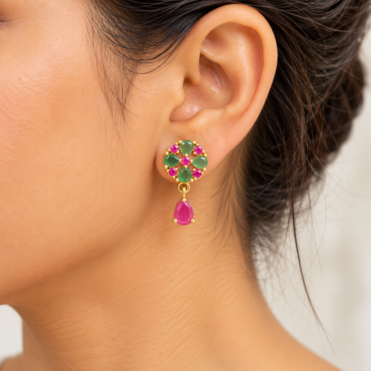 Green and Pink Stone Earrings, Gold Plated Floral Dangle Earrings