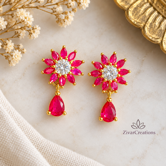 Pink Crystal Flower Drop Earrings, Gold Plated Floral Dangle Earrings