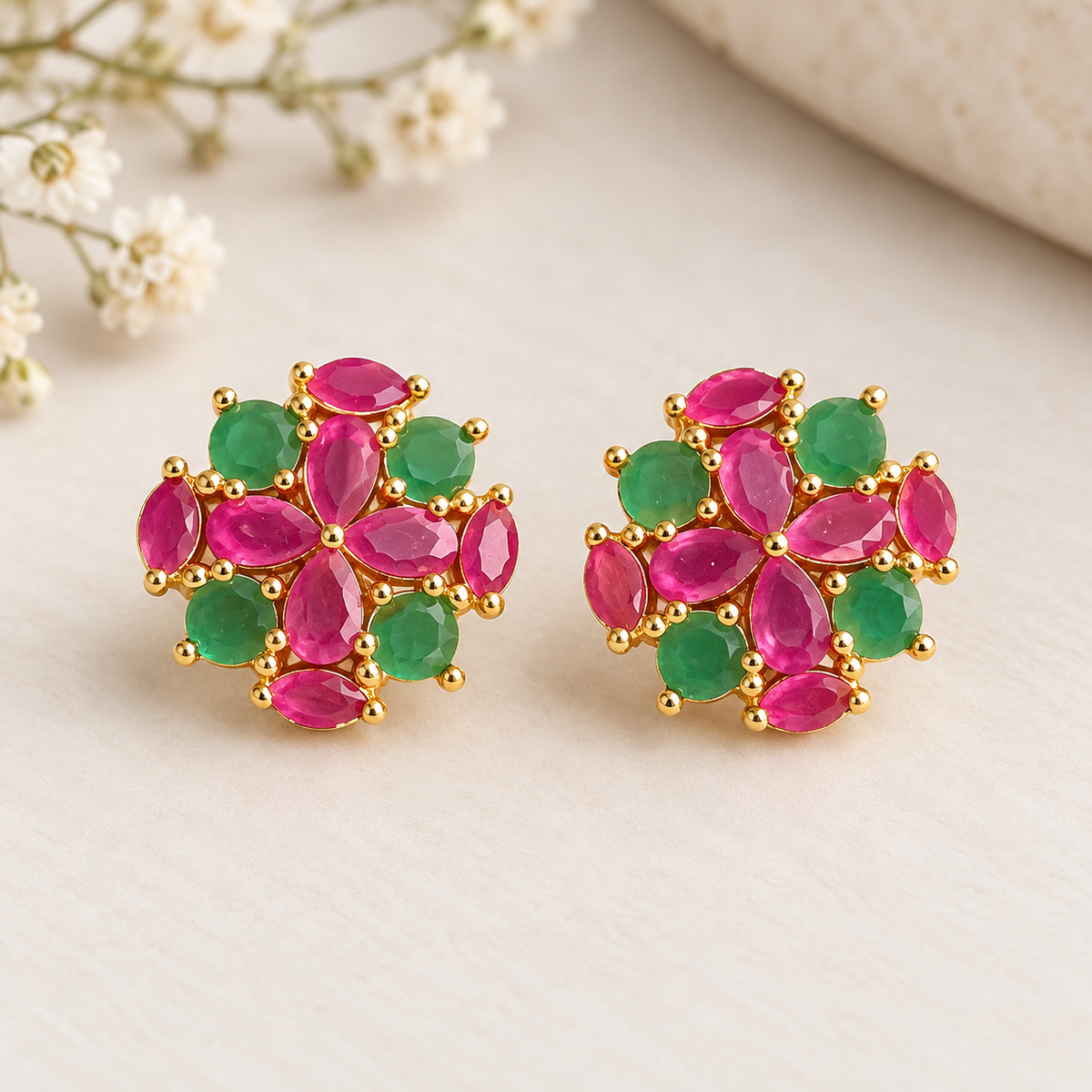 Pink Green Floral Stud Earrings