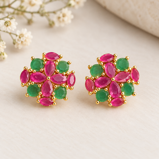 Pink Green Floral Stud Earrings