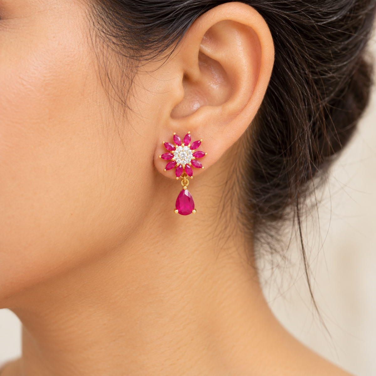 Pink Crystal Flower Drop Earrings, Gold Plated Floral Dangle Earrings