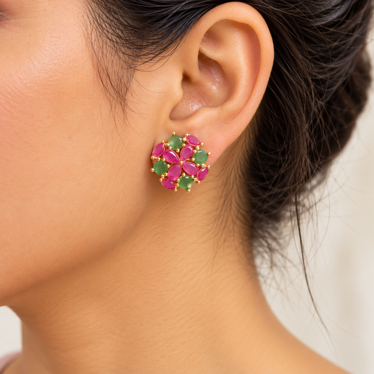 Pink Green Floral Stud Earrings