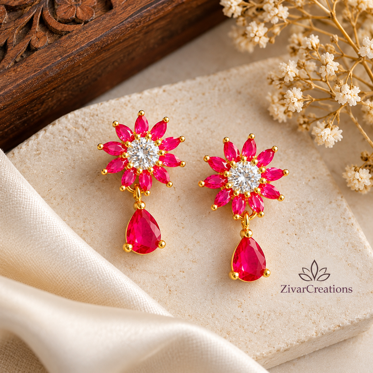 Pink Crystal Flower Drop Earrings, Gold Plated Floral Dangle Earrings
