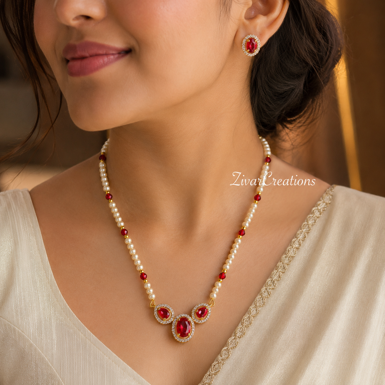 Pearl Pendant Necklace, Red Stone Indian Jewelry Set