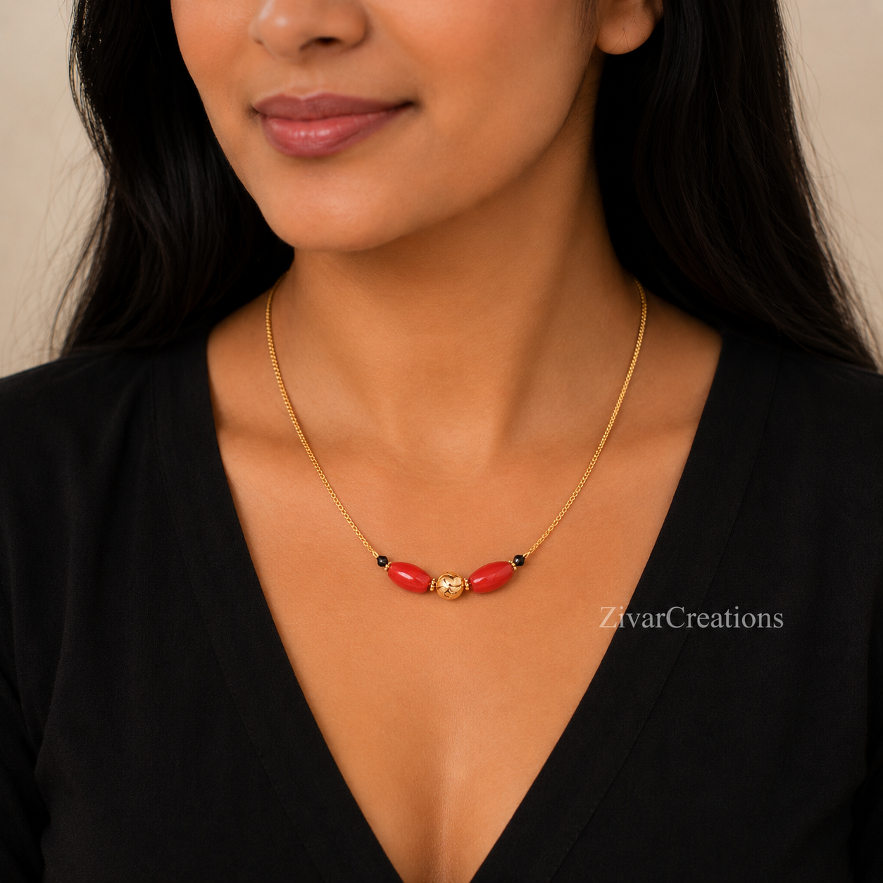 Coral Colour Beads Gold Plated Mangalsutra