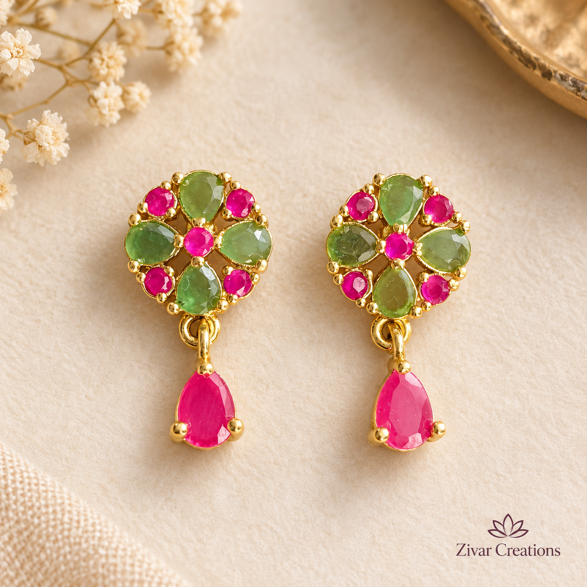 Green and Pink Stone Earrings, Gold Plated Floral Dangle Earrings