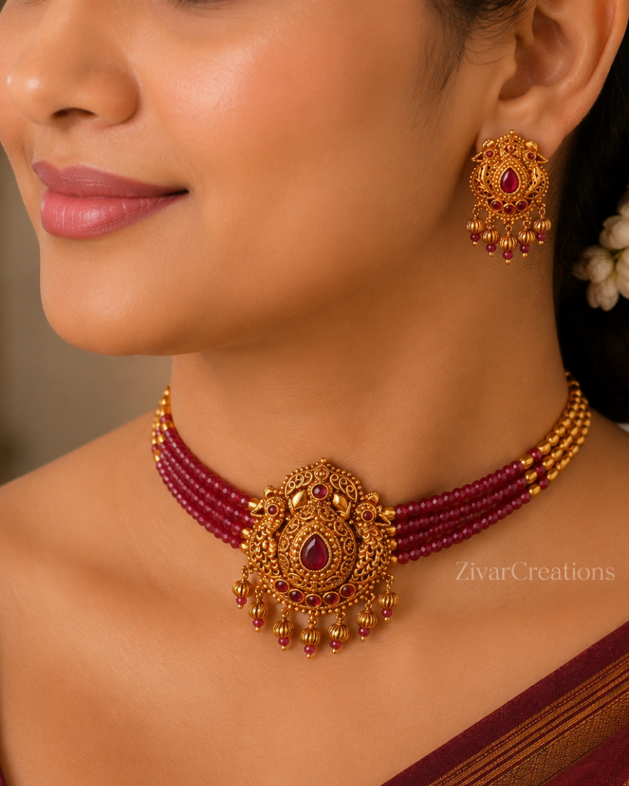 Peacock Shape Ruby Color Beads Necklace