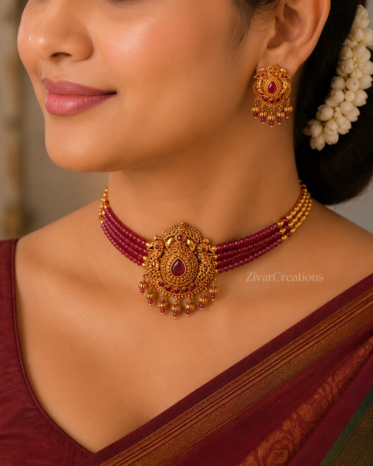 Peacock Shape Ruby Color Beads Necklace