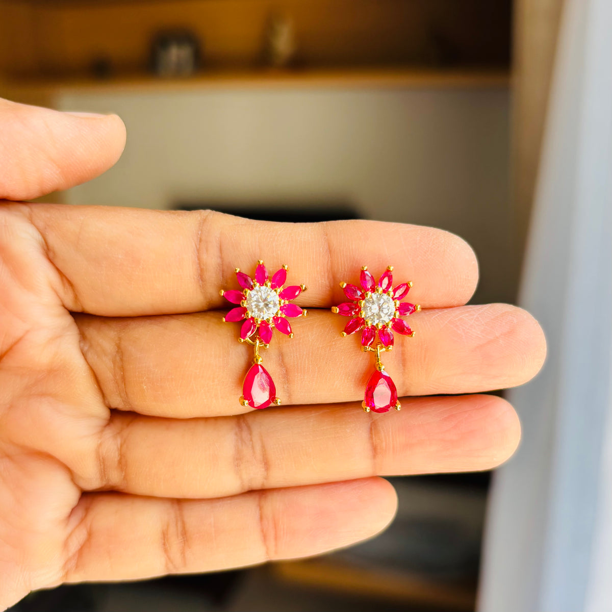 Pink Crystal Flower Drop Earrings, Gold Plated Floral Dangle Earrings