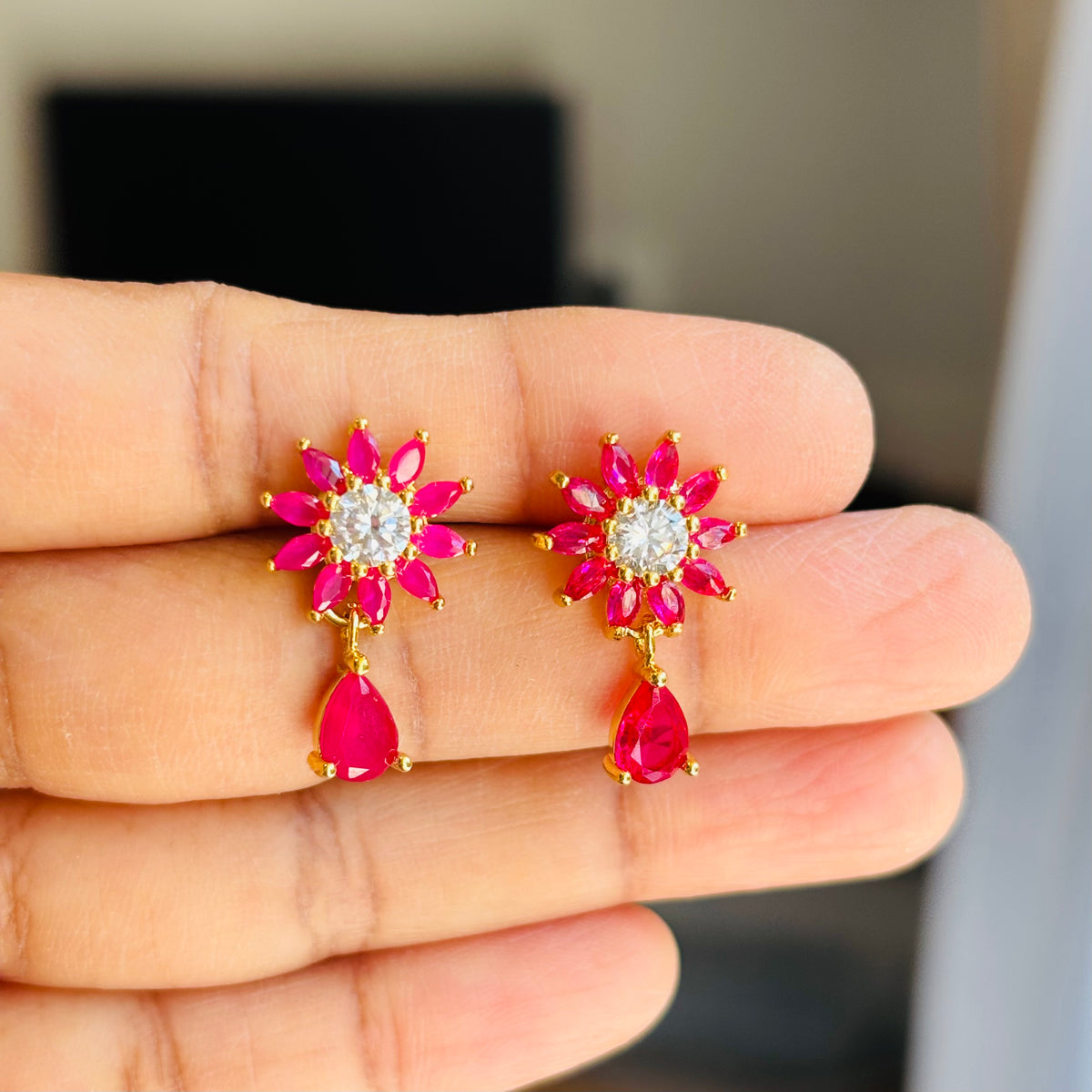 Pink Crystal Flower Drop Earrings, Gold Plated Floral Dangle Earrings