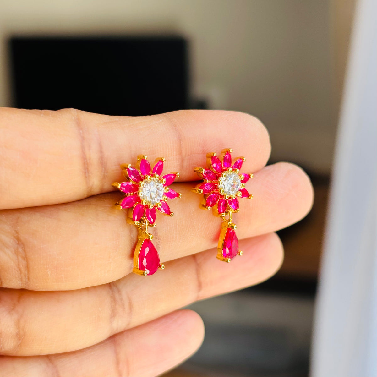 Pink Crystal Flower Drop Earrings, Gold Plated Floral Dangle Earrings