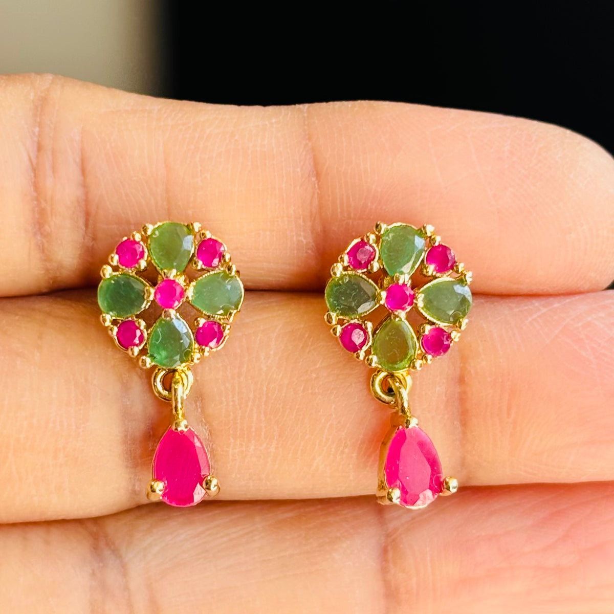 Green and Pink Stone Earrings, Gold Plated Floral Dangle Earrings