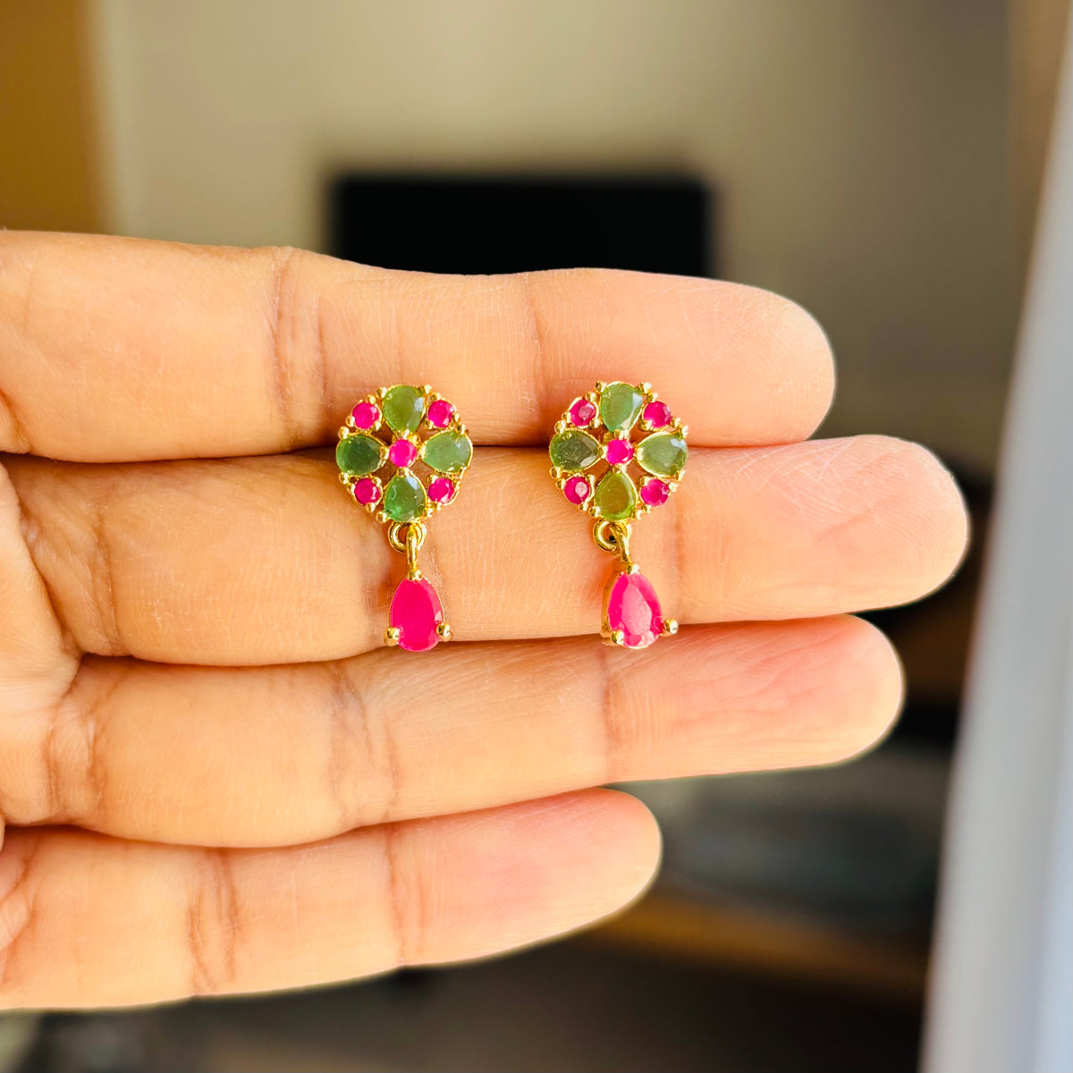 Green and Pink Stone Earrings, Gold Plated Floral Dangle Earrings