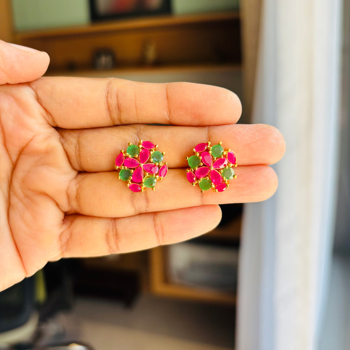 Pink Green Floral Stud Earrings