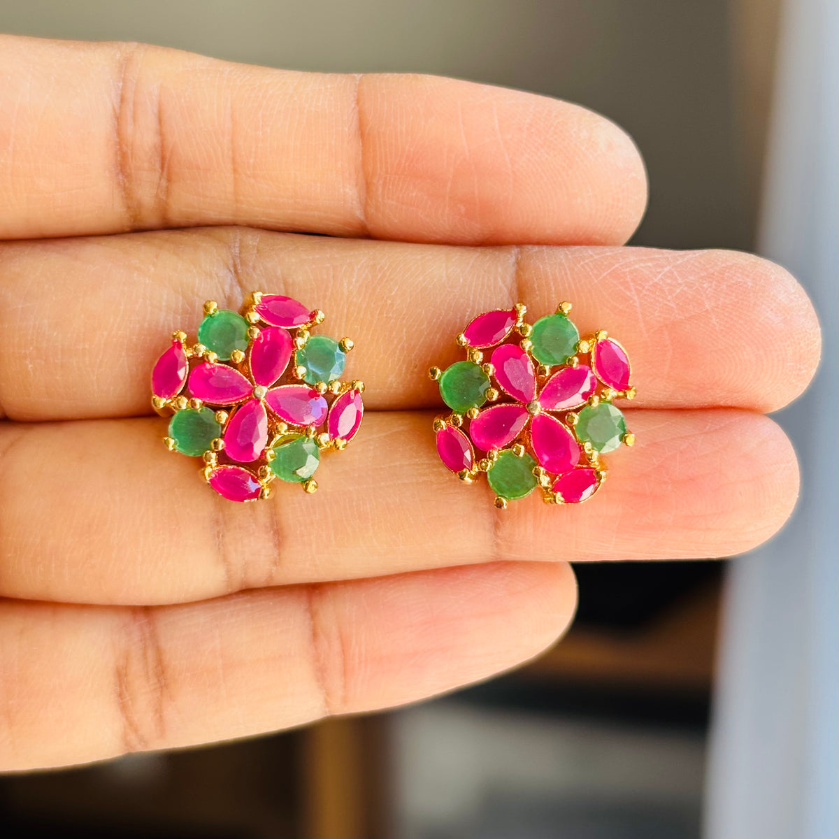 Pink Green Floral Stud Earrings