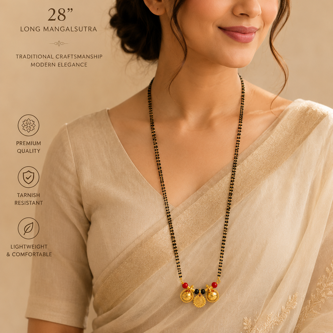 Woman wearing a long mangalsutra necklace with text highlighting features on a beige background