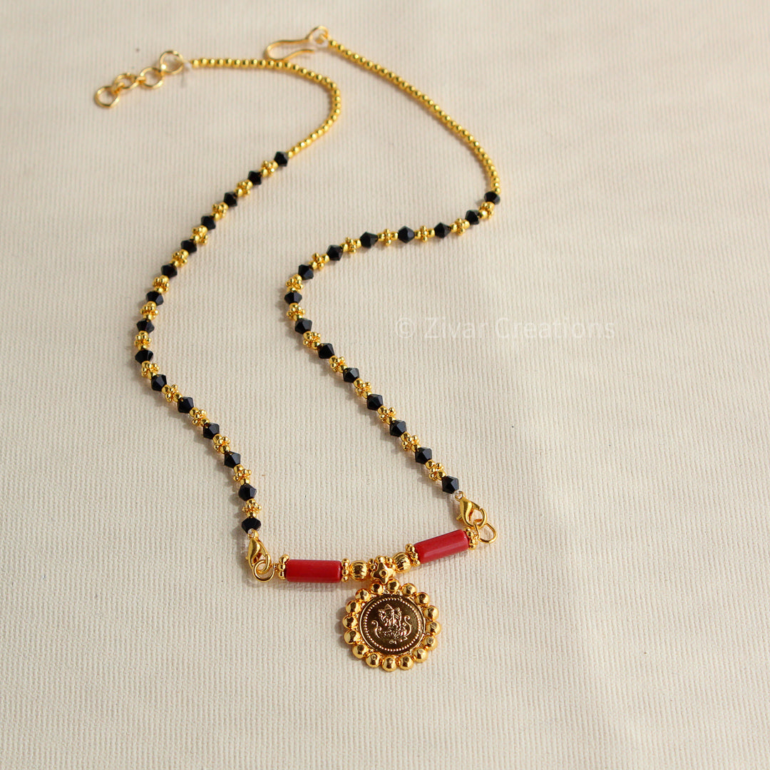 Gold Tone Coral Beads Lakshmi Coin Mangalsutra Pendant