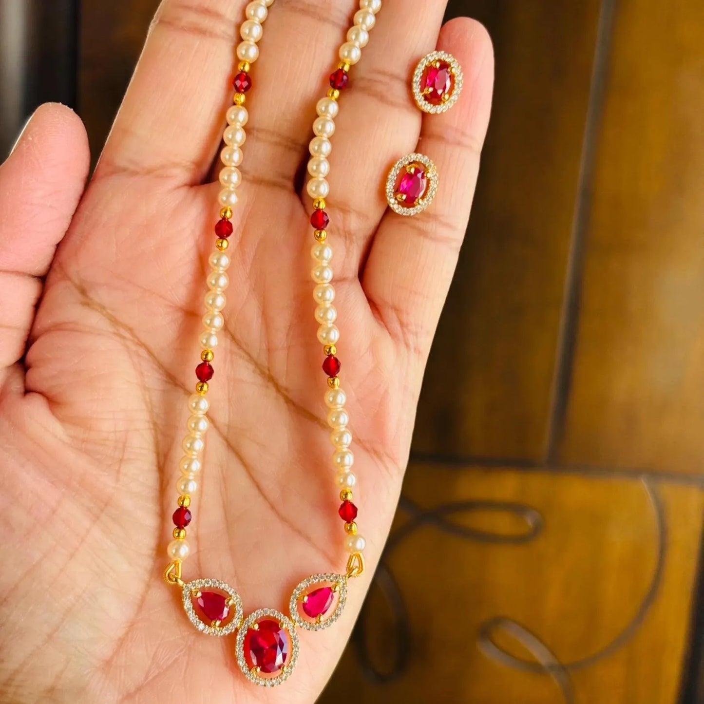 Pearl Pendant Necklace, Red Stone Indian Jewelry Set