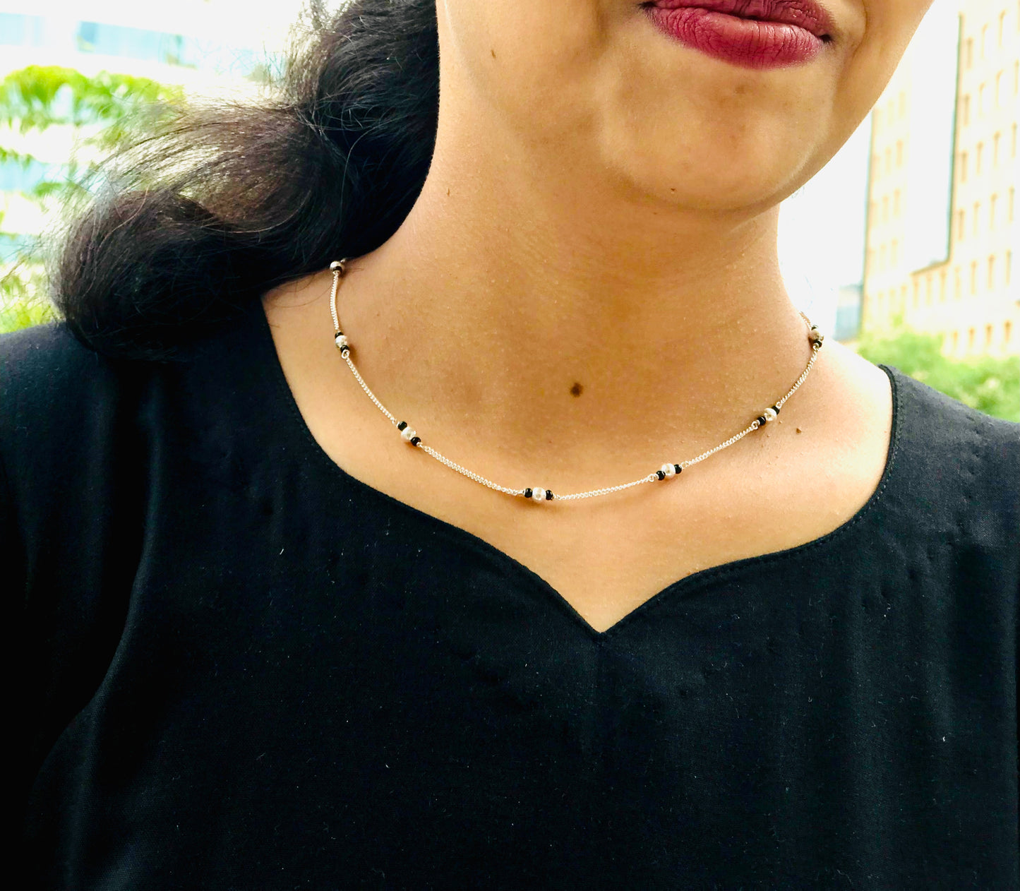 Pure Silver And Black Beads Mangalsutra Chain