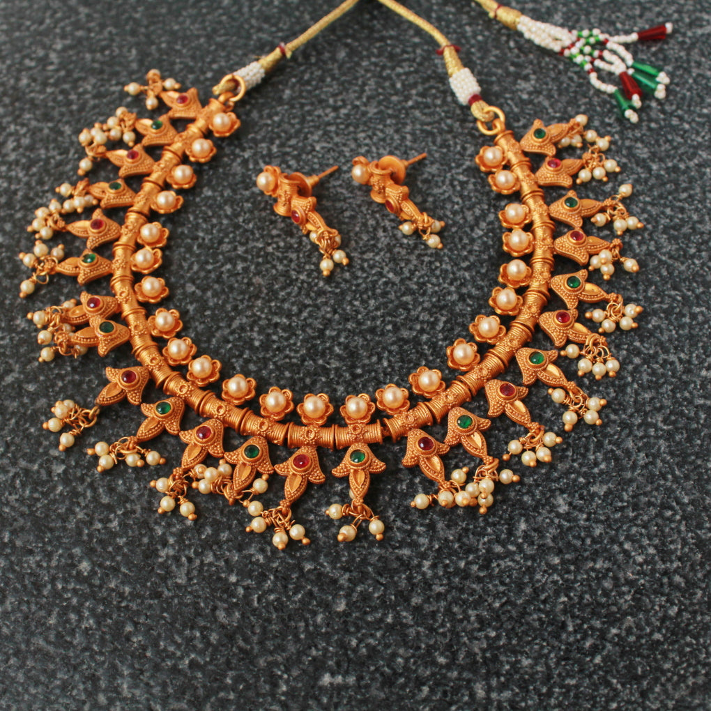 Temple Pearl Necklace with Red Green beads
