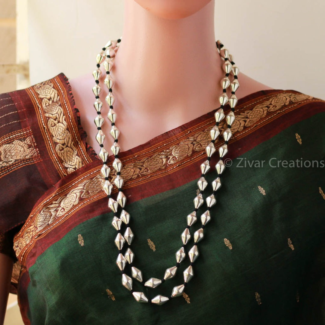 Pure Silver Dholki Beads double Line Necklace