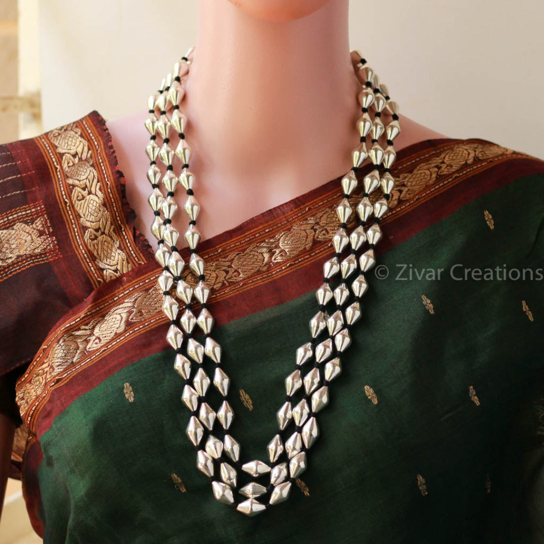 Pure Silver Dholki Beads Three Line Necklace