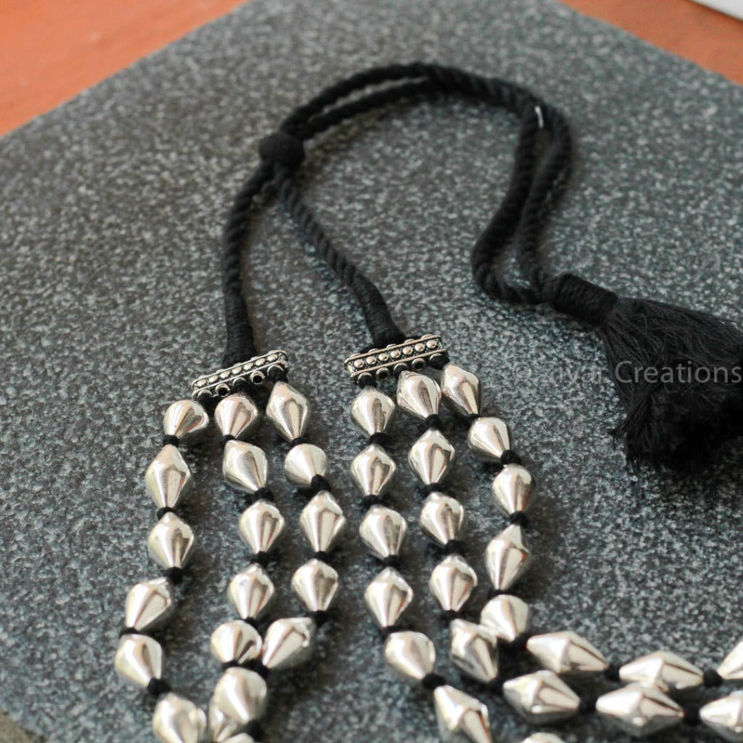 Pure Silver Bhoar Beads Three Line Necklace