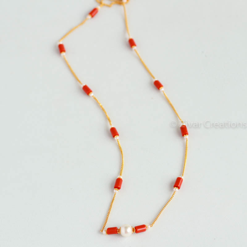 Coral Colour Beads Chain Necklace