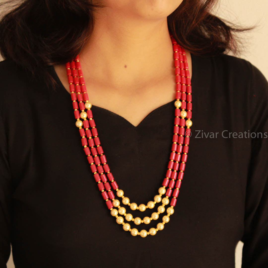 Long Coral Colour Beads And Pearl Necklace