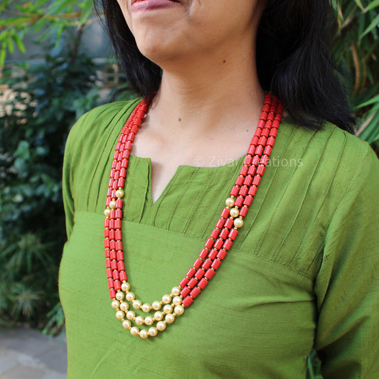 Long Coral Colour Beads And Pearl Necklace