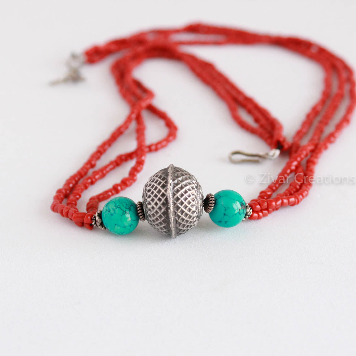 Oxidised Pure Silver Bead with coral and turquoise combination necklace
