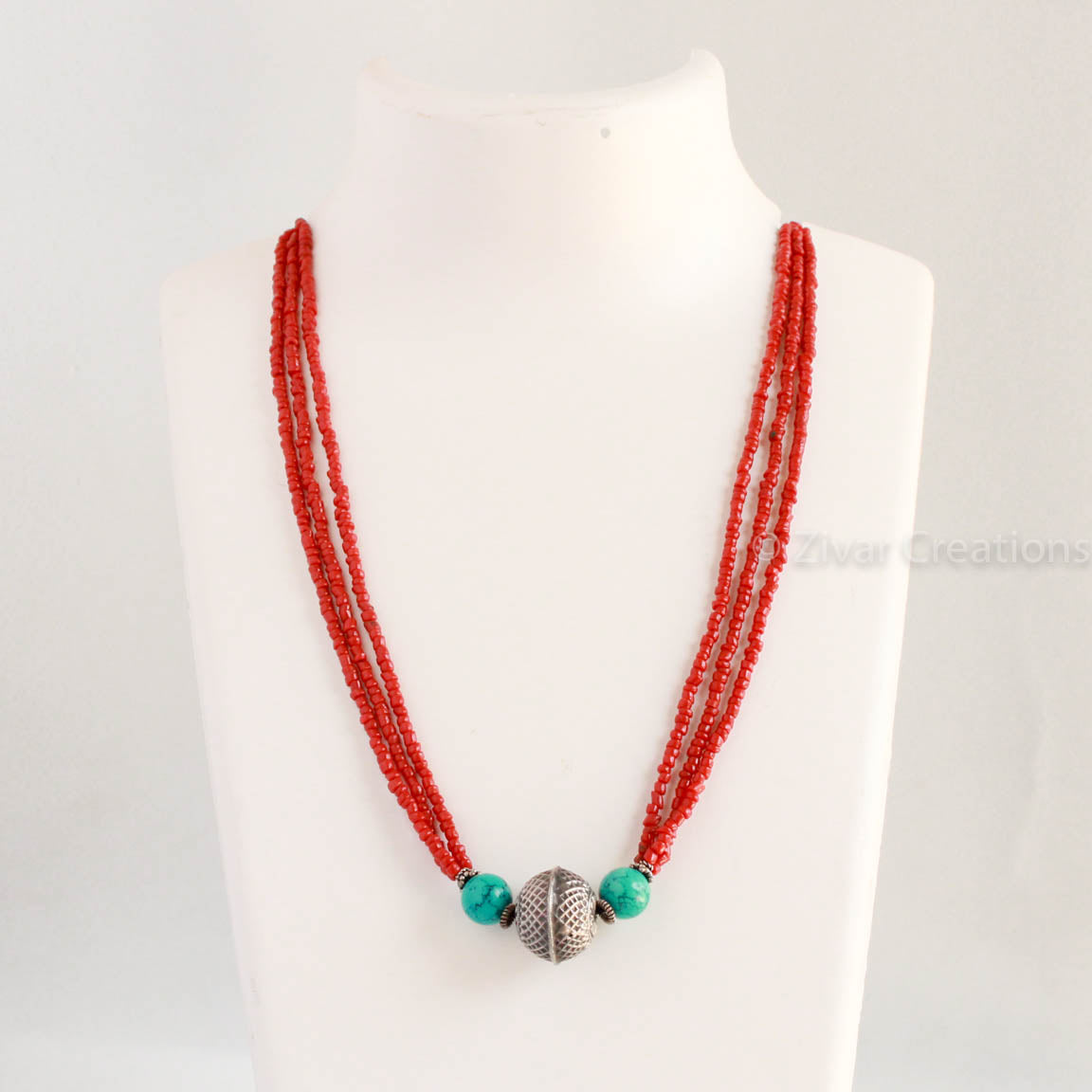 Oxidised Pure Silver Bead with coral and turquoise combination necklace