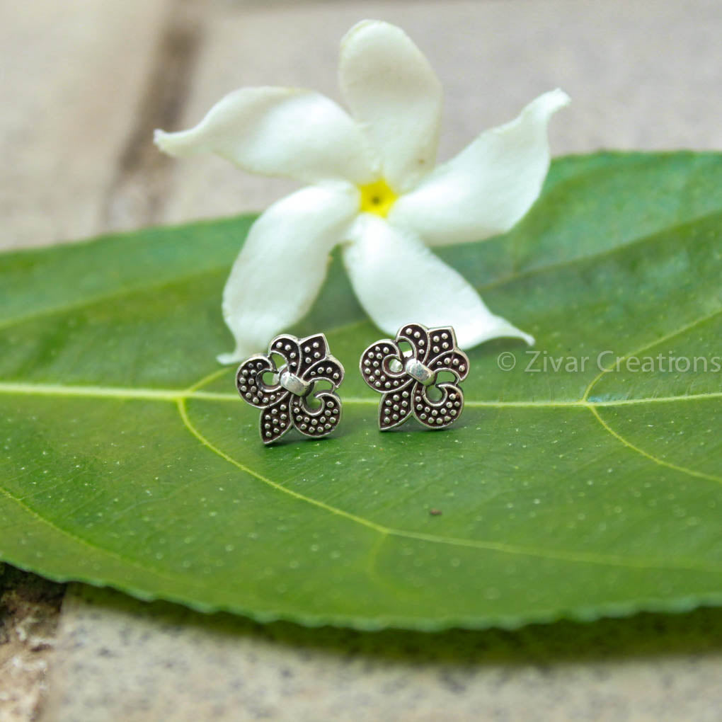 Pure Silver Handcrafted Ink Blue Stone Flower Stud