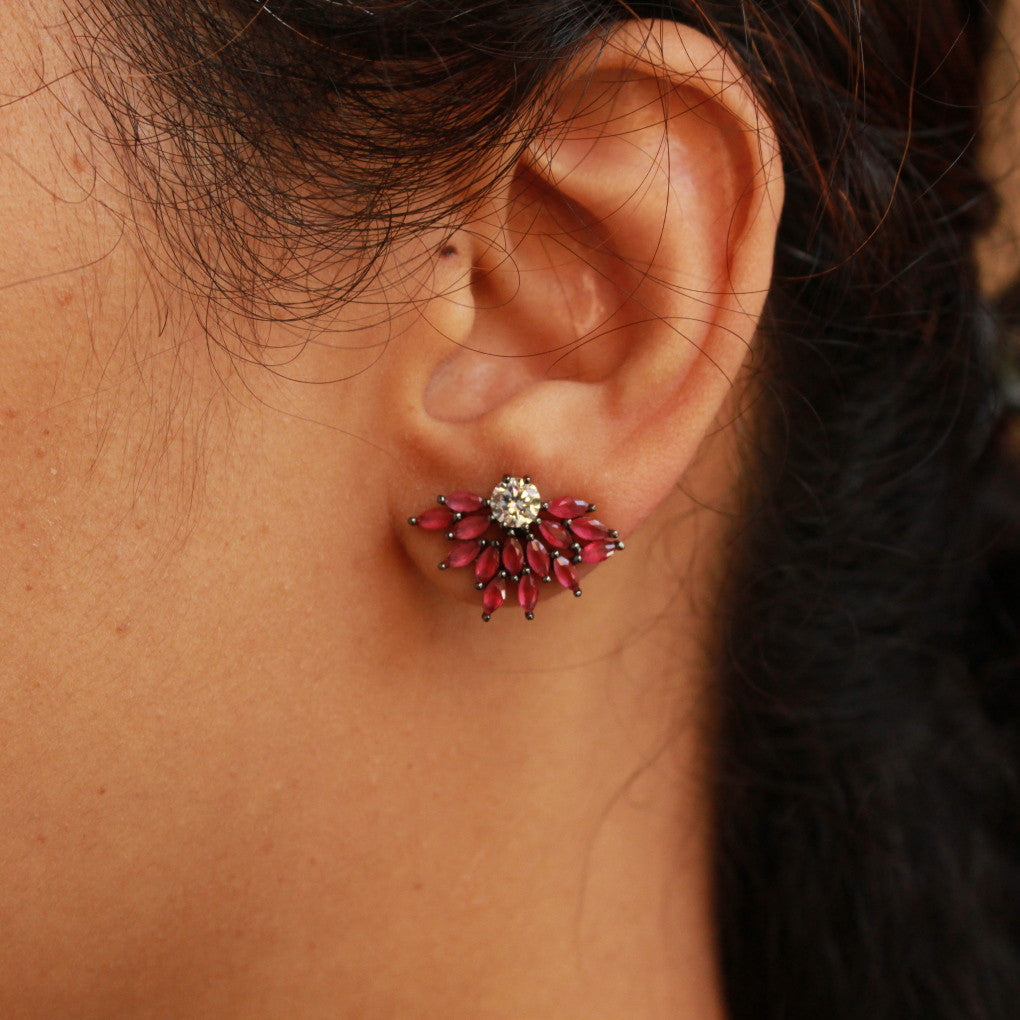 Flower Designer Ruby Oxidised Earring