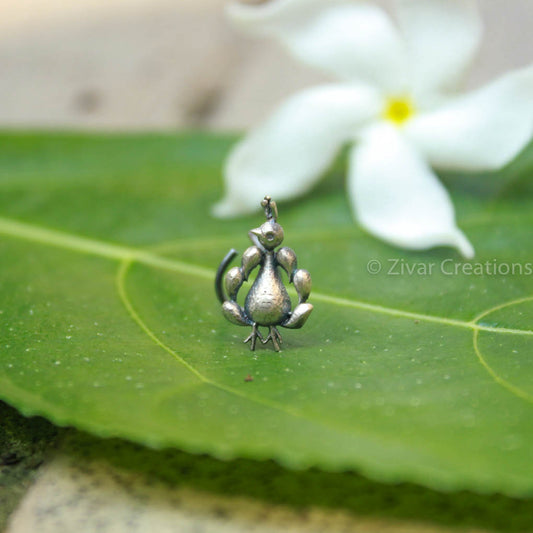 Pure Silver Handcrafted Peacock Nose-Pin(Pierced Nose)