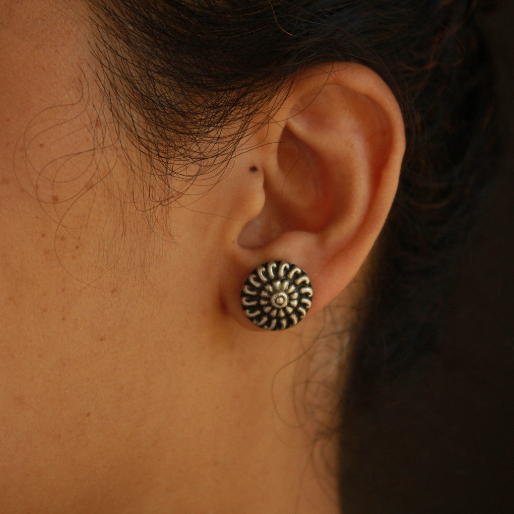 Round Handcrafted Oxidised Silver Stud
