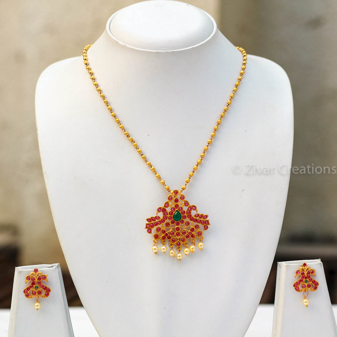 Gold Red Stone Necklace with Earrings by Niscka-Gold Necklace Design